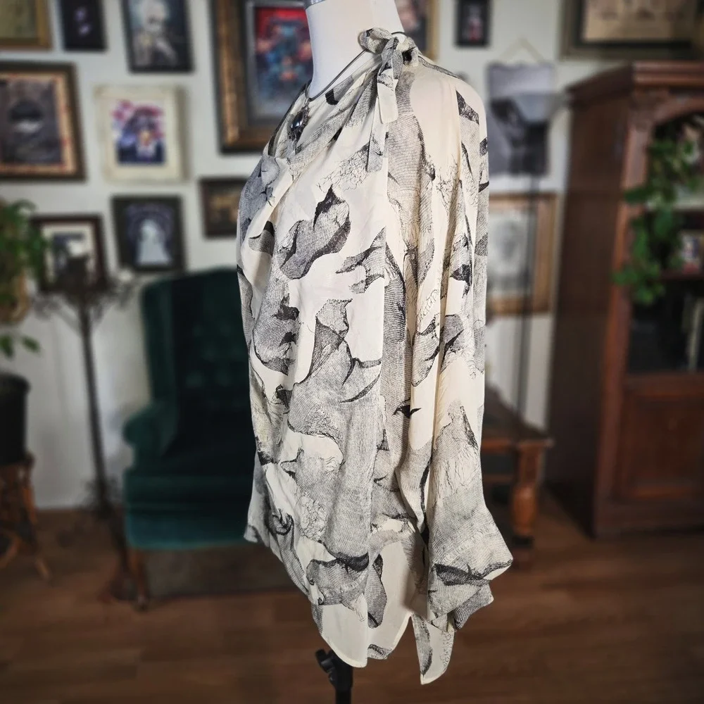 Vintage 90s Apropos‎ Sheer 100% Silk Abstract Art Wrap Blouse Boho Witchy Top